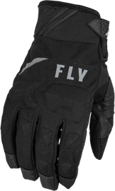 Fly Racing Boundary gloves in black, medium size, showing the padded palms and adjustable wrist straps for riding comfort.