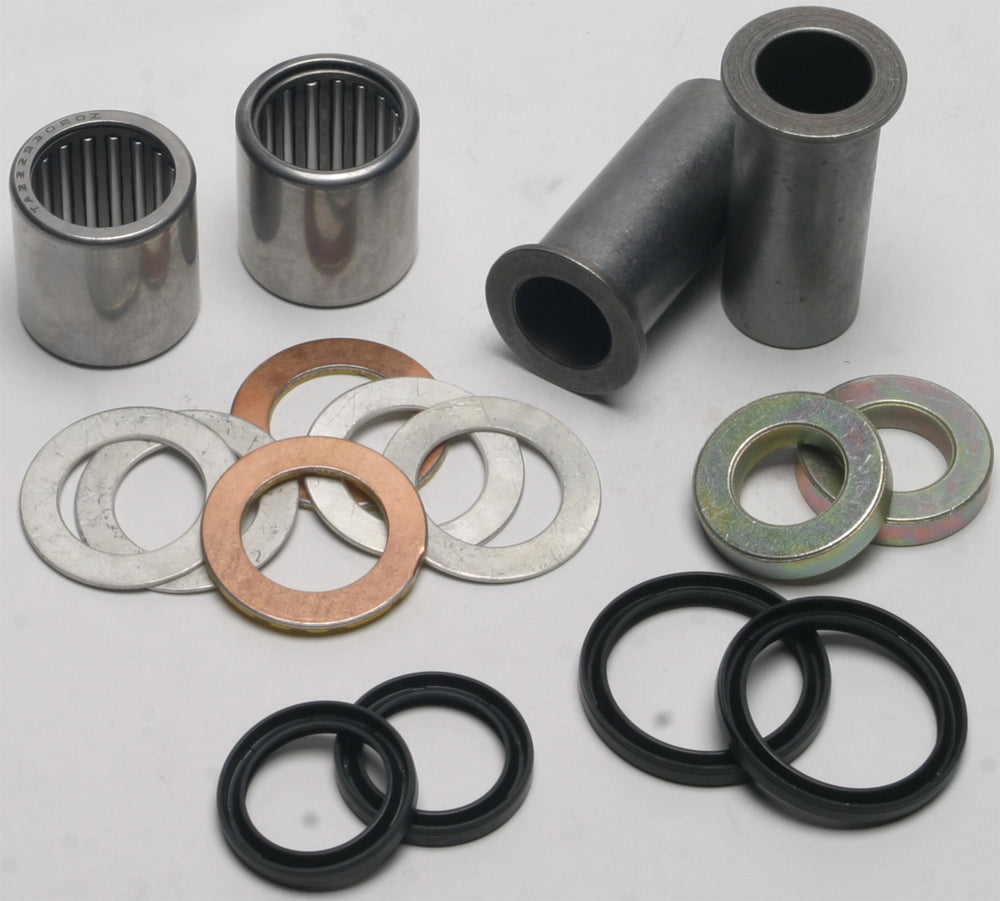 All Balls swingarm bearing kit 22-81047 for motorcycle suspension, showing bearings and components arranged in the kit.