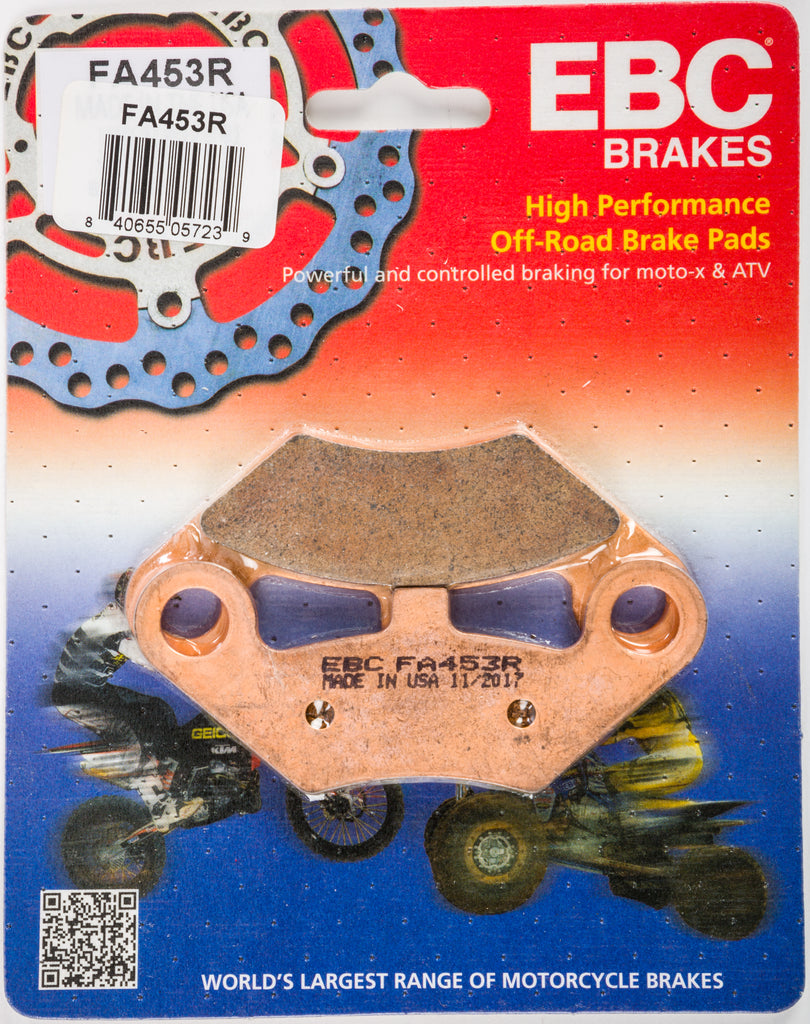 EBC Motorcycle Brakes brake pads 15-453R set showing black friction material and metal backing plates for motorcycle braking system.