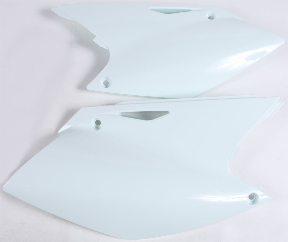 Acerbis white side panels for motorcycle, featuring sleek design and branding, designed for durable fit and easy installation.