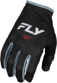 Fly Racing Lite gloves in black, white, and red with size large, displayed with their textured fabric and grip details.