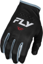 Fly Racing Lite gloves in black, white, and red, XL size, showing breathable fabric and padded palm for motorcycle riding comfort.
