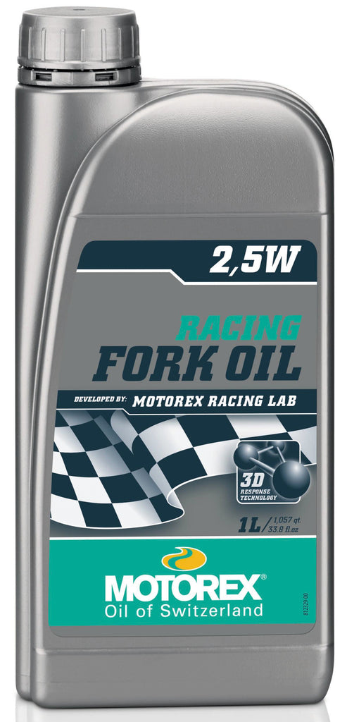Motorex Low Friction Racing Fork Oil 2.5W container for motorcycle suspension, showing the 1-liter bottle with label.