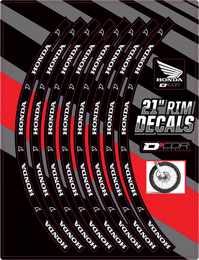 DCOR 21-inch Honda logo front rim decal graphics, featuring bold black Honda emblem on a white background for motorcycle wheels.