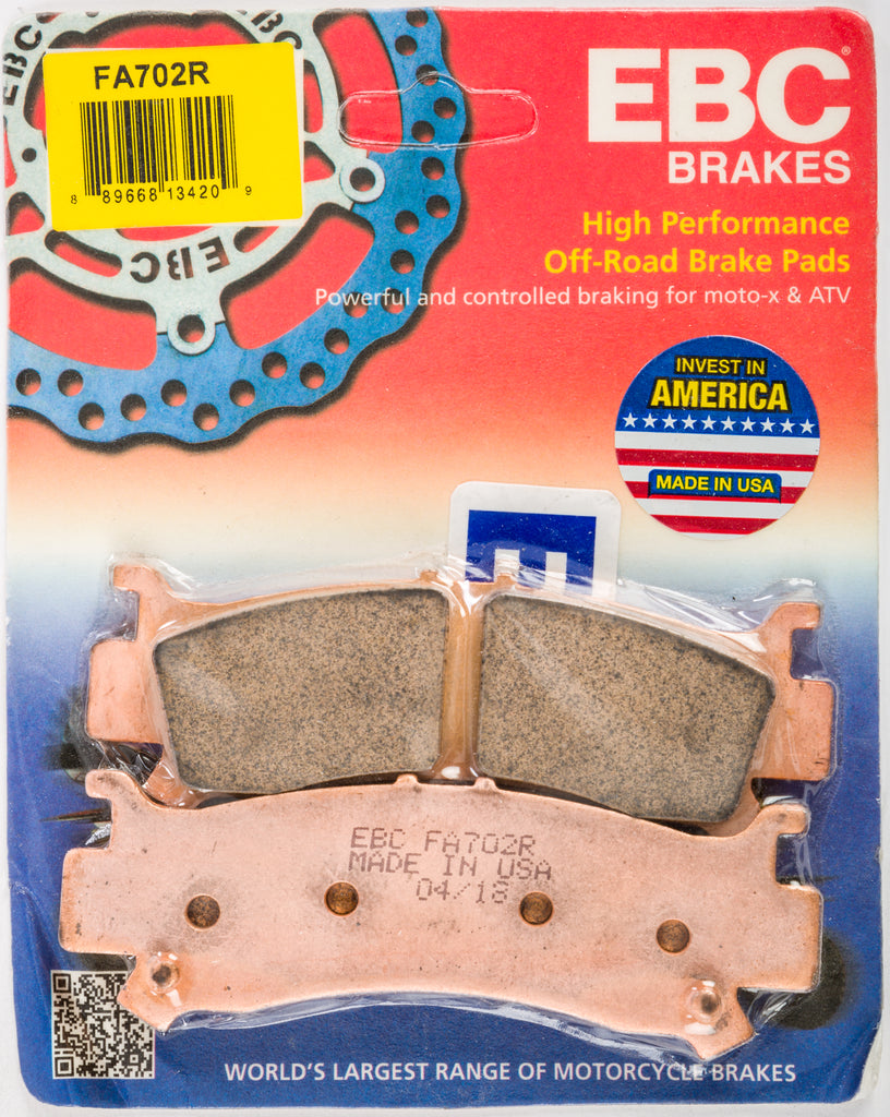 EBC Motorcycle Brakes Fa702r Sintered R Series brake pads for motorcycles, showing the black brake pad with metal backing plate.