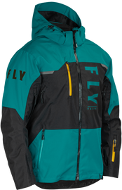 Fly Racing Carbon Jacket in black, teal, and orange with sleek design and protective features, shown on a hanger.