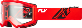 Fly Racing youth focus goggles in red and black with clear lens, designed for motocross and off-road riding.