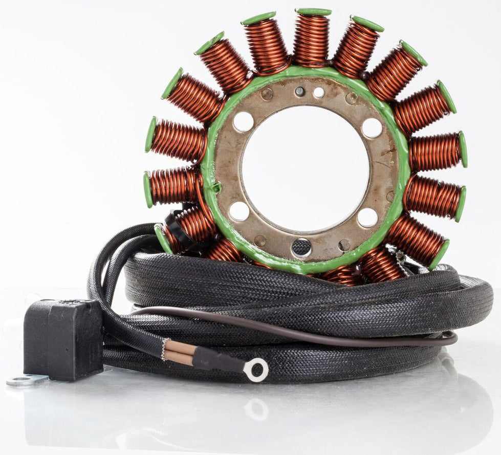 Ricks Motorsport Electric Stator 27-21567 for motorcycle electrical systems, showing the metal coil and wiring connection points.