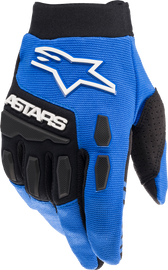 Alpine Star Youth & Kids Full Bore Gloves in blue and black, size Y3XS, with padded palms and adjustable wrist closures.
