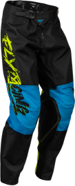 Fly Racing Youth Kinetic Khaos Pants in Hi-Vis, Black, and Cyan, size 22, featuring durable motocross gear design.