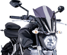 Load image into Gallery viewer, PUIG Naked New Generation touring dark smoke windshield installed on motorcycle, showing sleek tinted windscreen for enhanced rider comfort