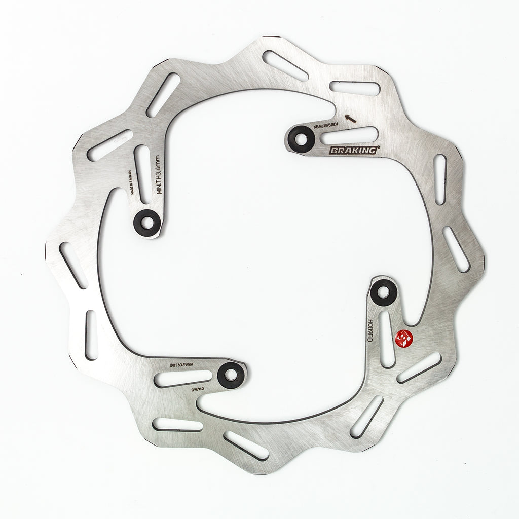 Front braking rotor by Braking showing a metallic disc with vented design for bike or motorcycle braking system.