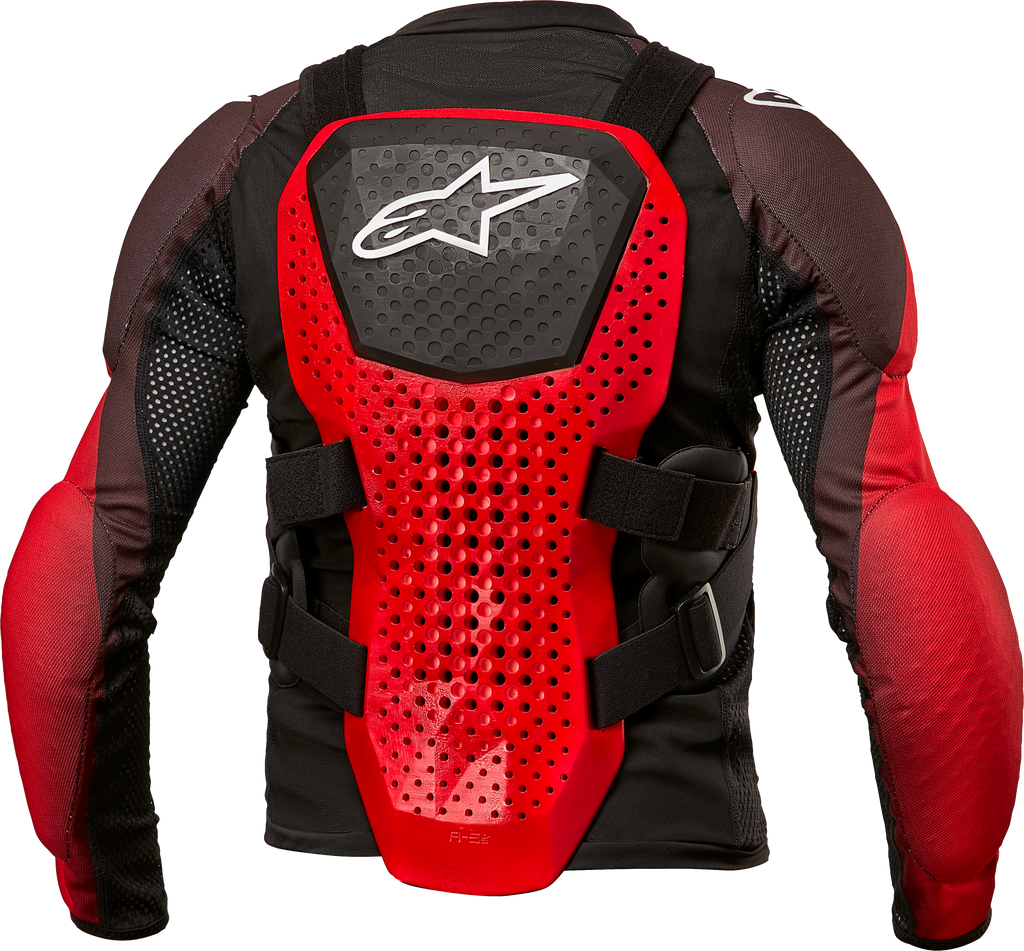 Alpine Star Bionic Tech youth protection jacket in black, white, and red, showing the padded armor and sporty design.