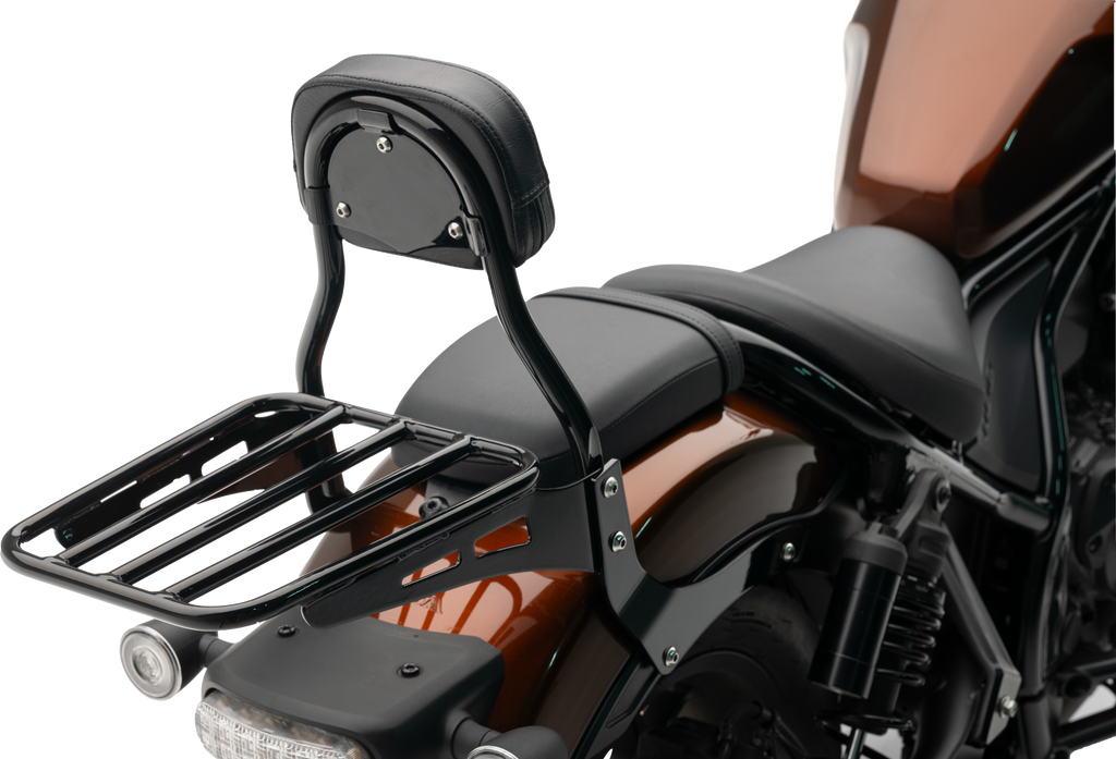Cobra Mini Round Sissy Bar with pad in black for Honda Rebel 1100 motorcycle, body-mounted accessory for rider support.