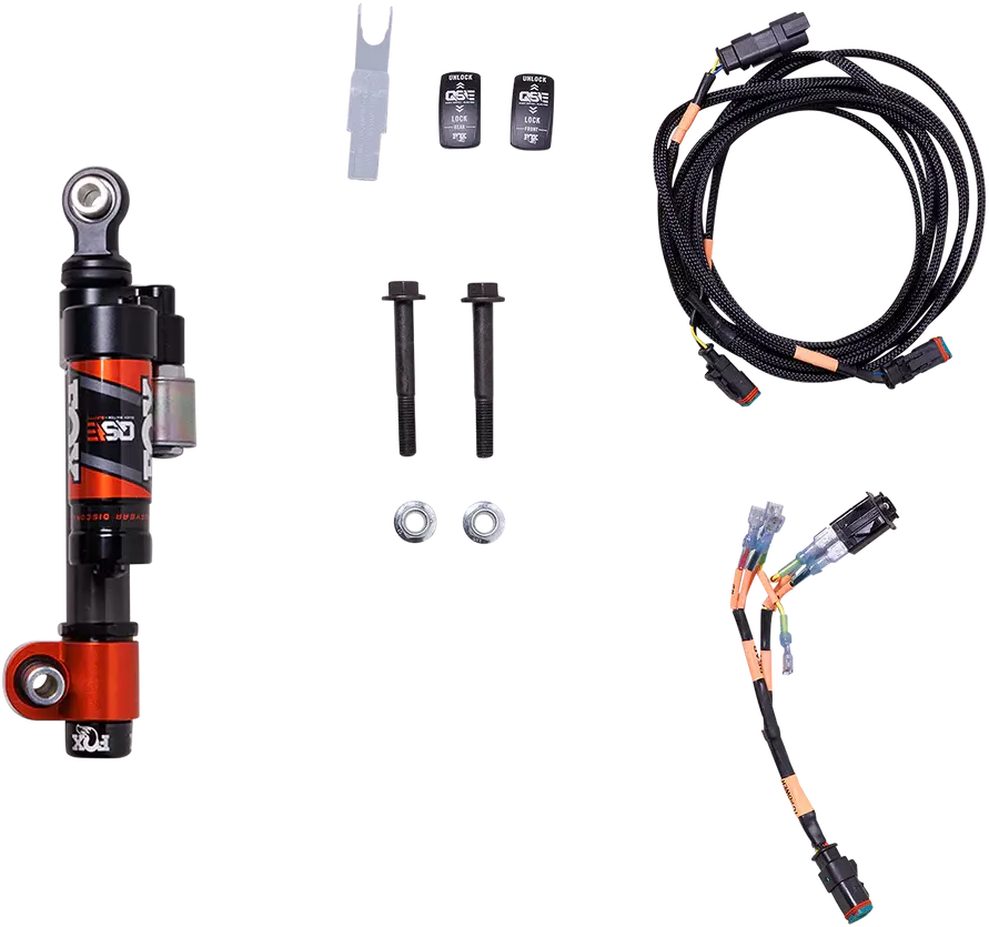 Fox Quick Switch Electric Link suspension component for front linkage, shown in black with metal fittings.
