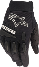 Black Alpine Star Stella Full Bore Gloves in size small, showing the textured grip and protective design for motorcycle riding.