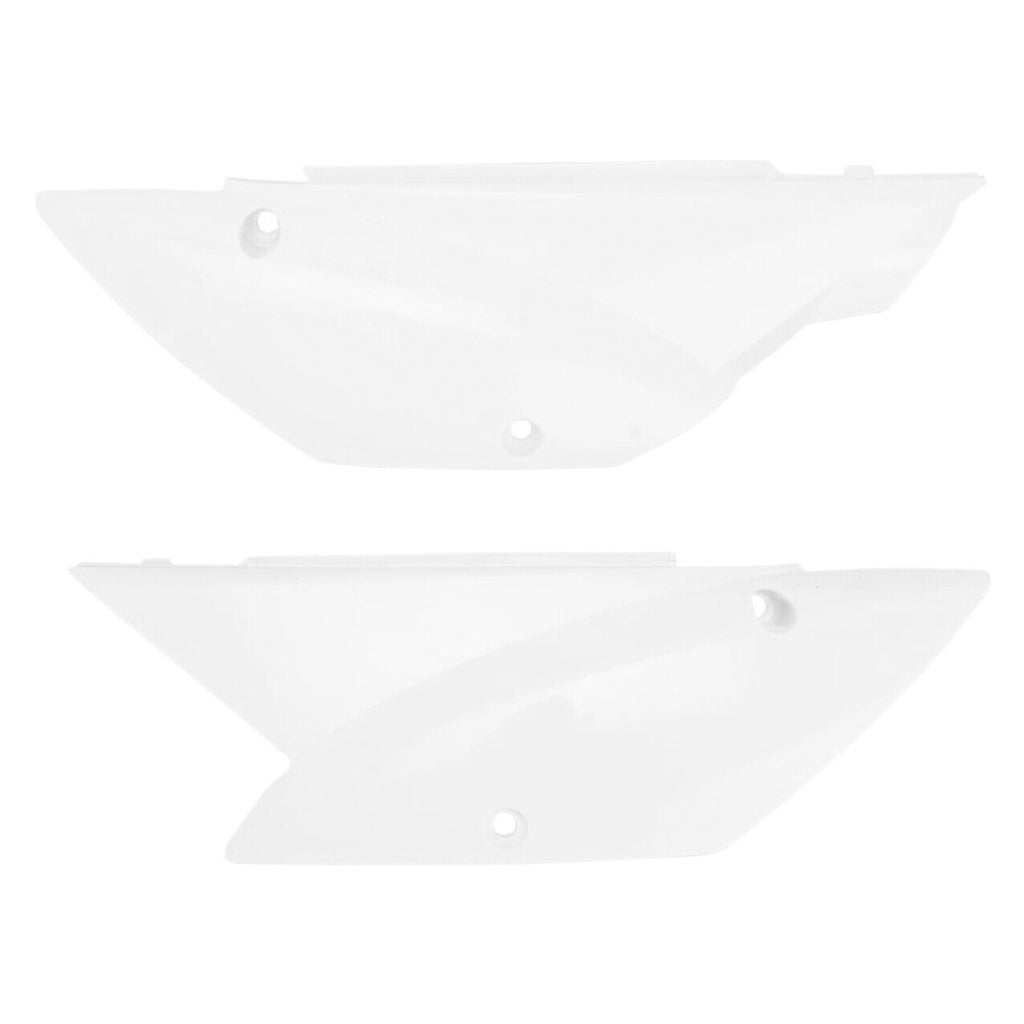White Polisport Plastics side panels for KLX110 dirt bike, showing detailed body panels with mounting points and smooth finish.