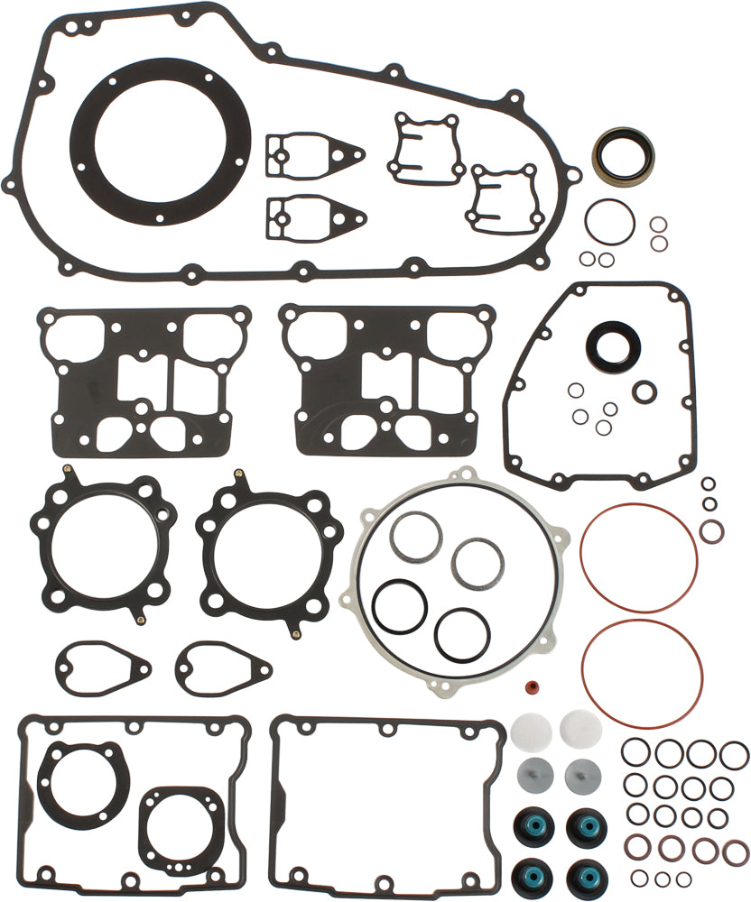Cometic complete EST gasket twin cam kit for motorcycle engine, including various gaskets and seals, in packaging.