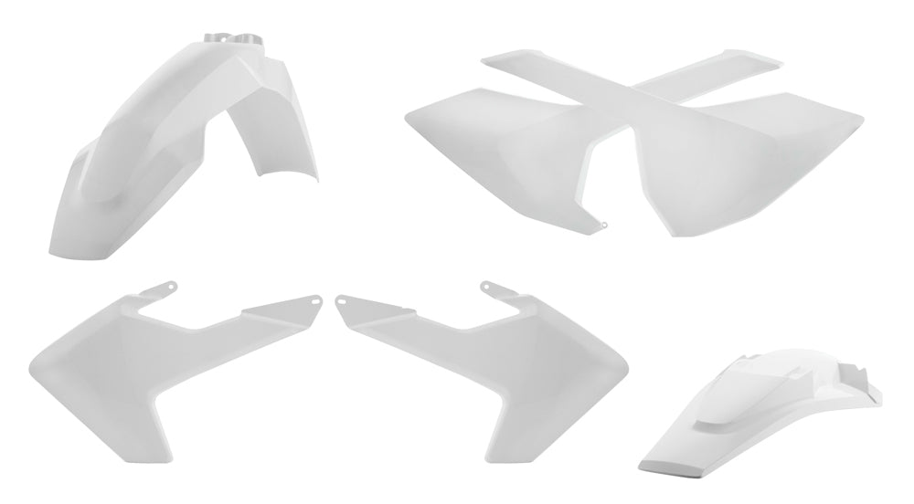 Acerbis full plastic kit in white with various plastic panels for motorcycle or dirt bike replacement parts.