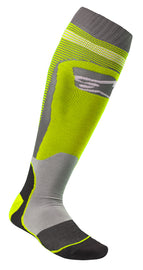 Alpine Star MX Plus-1 yellow fluorescent motocross socks with reinforced heel and toe, medium size, designed for motocross riding.