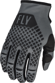 Fly Racing Youth Kinetic Gloves in dark grey and black, featuring padded palms and adjustable wrist closures.