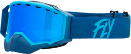 Fly Racing Zone snow goggles with sky blue mirror lenses, blue frame, and adjustable strap for winter sports protection.