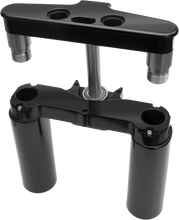 Load image into Gallery viewer, Black Hawg Halters Inc 6° Raked Triple Trees for 41mm forks, custom fit, shown from a side view with detailed components