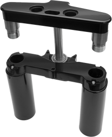 Black Hawg Halters Inc 6° Raked Triple Trees for 41mm forks, custom fit, shown from a side view with detailed components