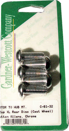 Gardner-Westcott rear brake rotor Allen bolts for 92-up Big Twin cast wheel motorcycle, shown in close-up with shiny metal finish