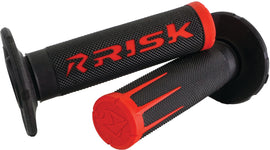 Risk Racing Fusion 2.0 motorcycle grips in red, featuring textured rubber for improved grip and control.