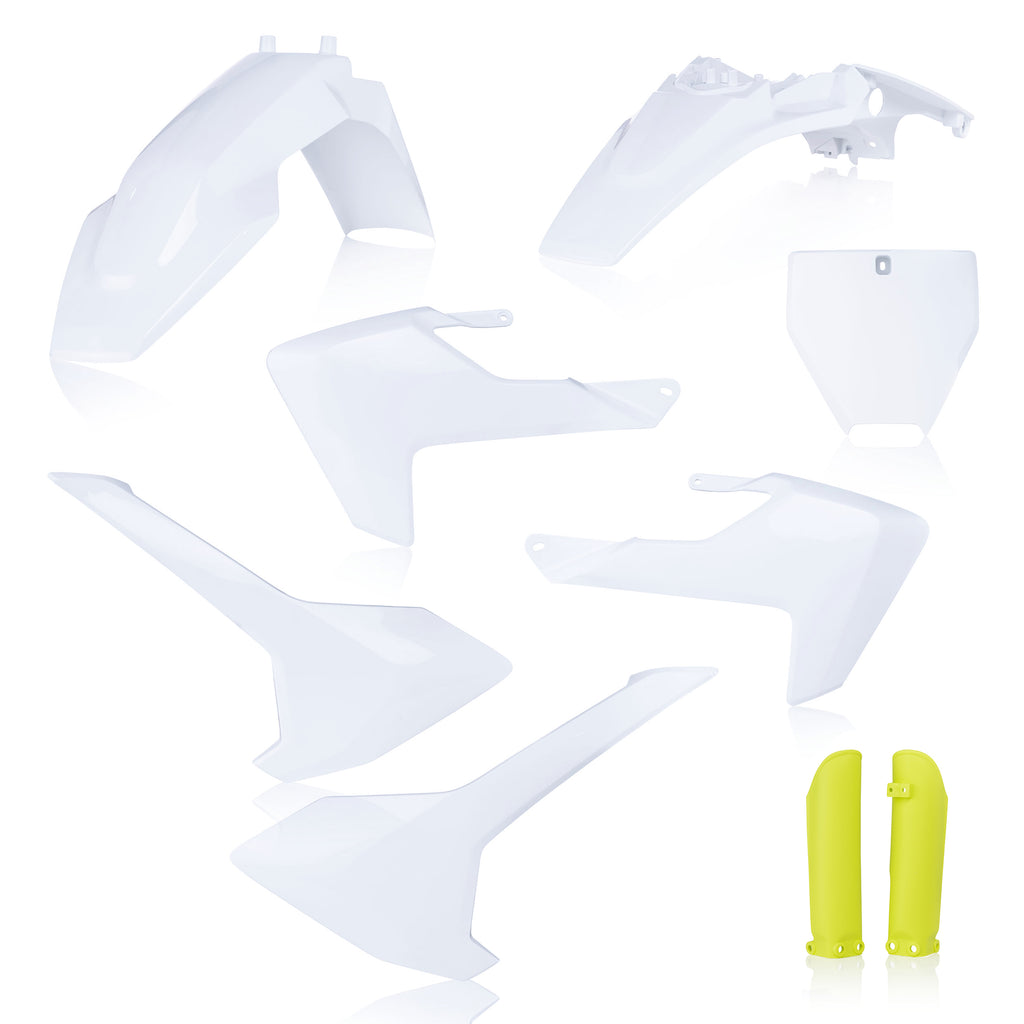 Acerbis full plastic kit for motorcycle, showing black and white plastic panels with mounting points and brand logo.