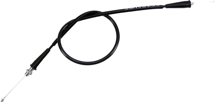 Motion Pro black vinyl throttle cable for motorcycles, showing the flexible cable with protective vinyl coating and metal connectors.