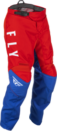 Fly Racing Youth F-16 pants in red, white, and blue, size 20, featuring durable motocross gear with adjustable fit.