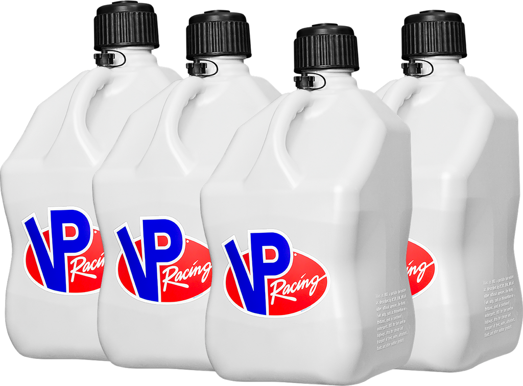 White 5-gallon VP Racing VP Motorsports container with black cap, durable plastic design for fuel or fluid storage.