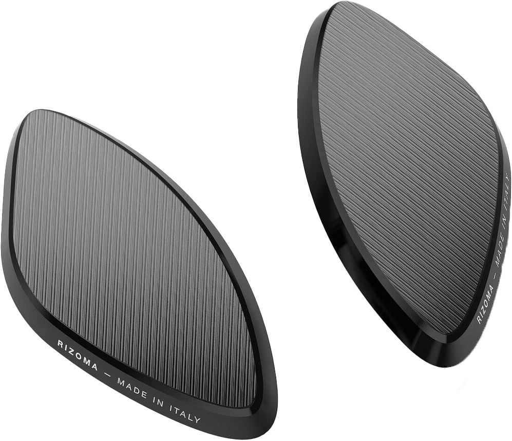 Pair of RIZOMA black mirror block-off plates with model number 58-BS545B, designed as motorcycle accessories.