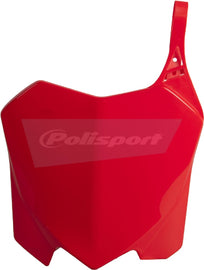 Red Polisport Plastics front number plate for motorcycle, featuring a durable plastic body with bold design and mounting holes.