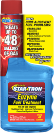 Star brite enzyme fuel treatment in an 8oz bottle, a chemical product designed for fuel system enhancement and cleaning.