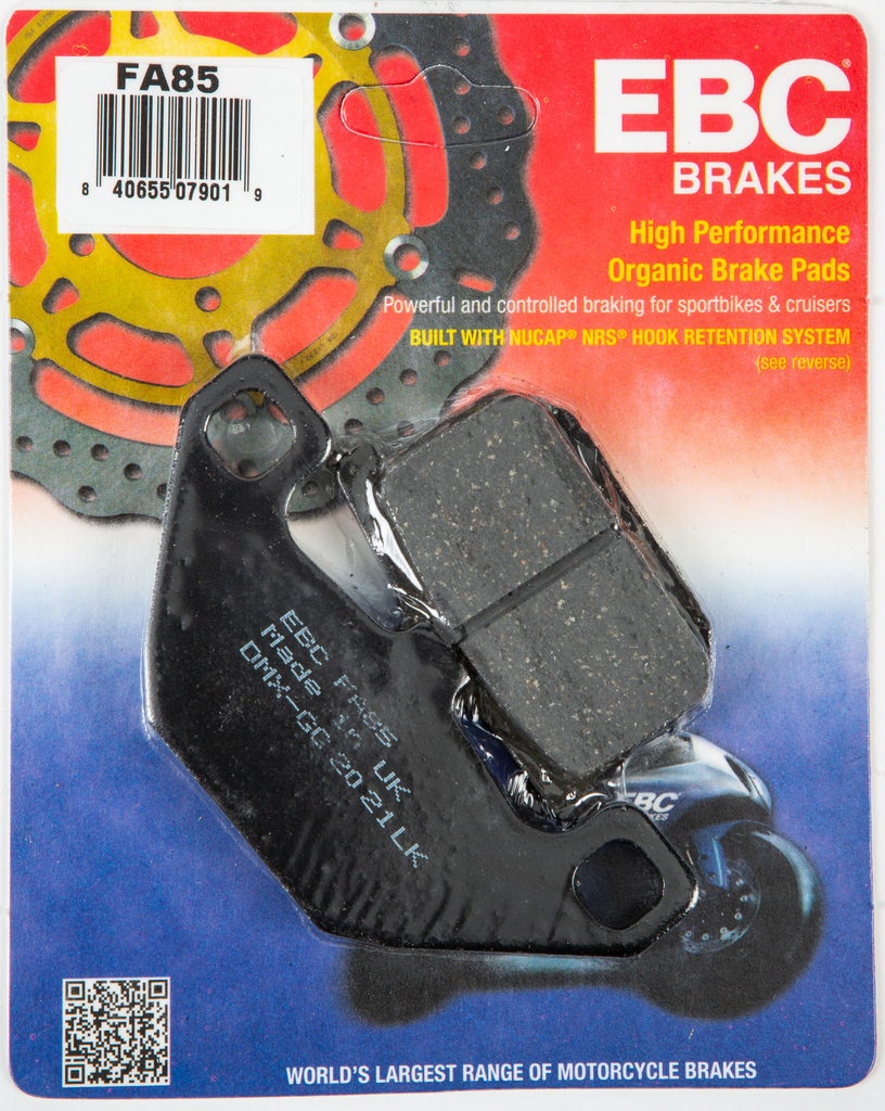 EBC Motorcycle Brakes Fa85 Organic brake pads showing black and metal components with packaging in the background