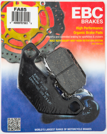 EBC Motorcycle Brakes Fa85 Organic brake pads showing black and metal components with packaging in the background