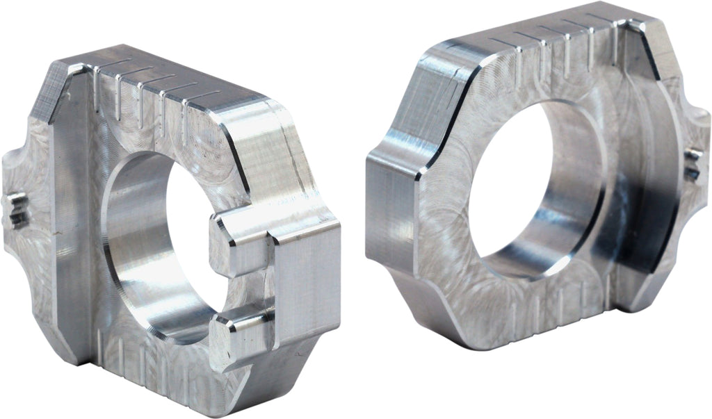 WORKS Axle Blocks Elite Yam Silver drive axle blocks showing silver metal finish and detailed design for bike maintenance.