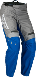 Fly Racing F-16 motorcycle pants in blue and grey, size 36, with reinforced knee panels and durable fabric for riding protection.