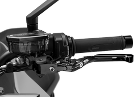 Black PUIG Clutch Lever 4.0 Fold/Extend for motorcycle, showing the lever's sleek design and adjustable features.