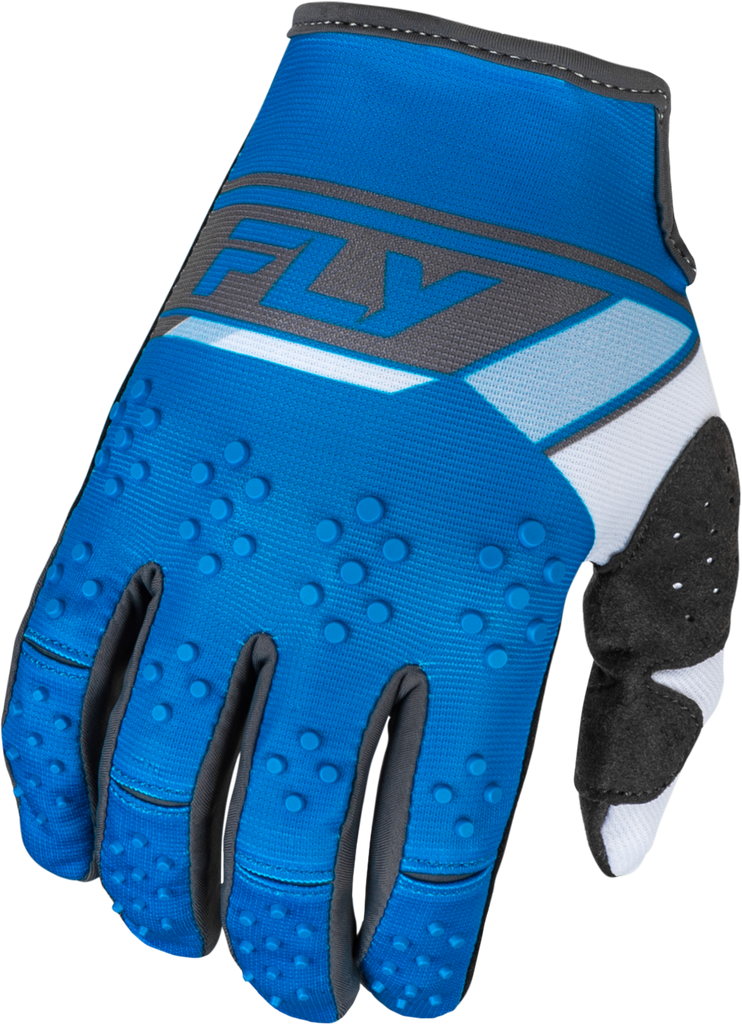 Fly Racing Kinetic Prix gloves in bright blue and charcoal with padded palms and adjustable wrist closures.