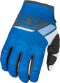 Fly Racing Kinetic Prix gloves in bright blue and charcoal with padded palms and adjustable wrist closures.