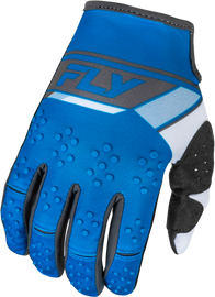 Fly Racing Kinetic Prix gloves in bright blue and charcoal, XL size, showing the padded palm and breathable mesh fabric.