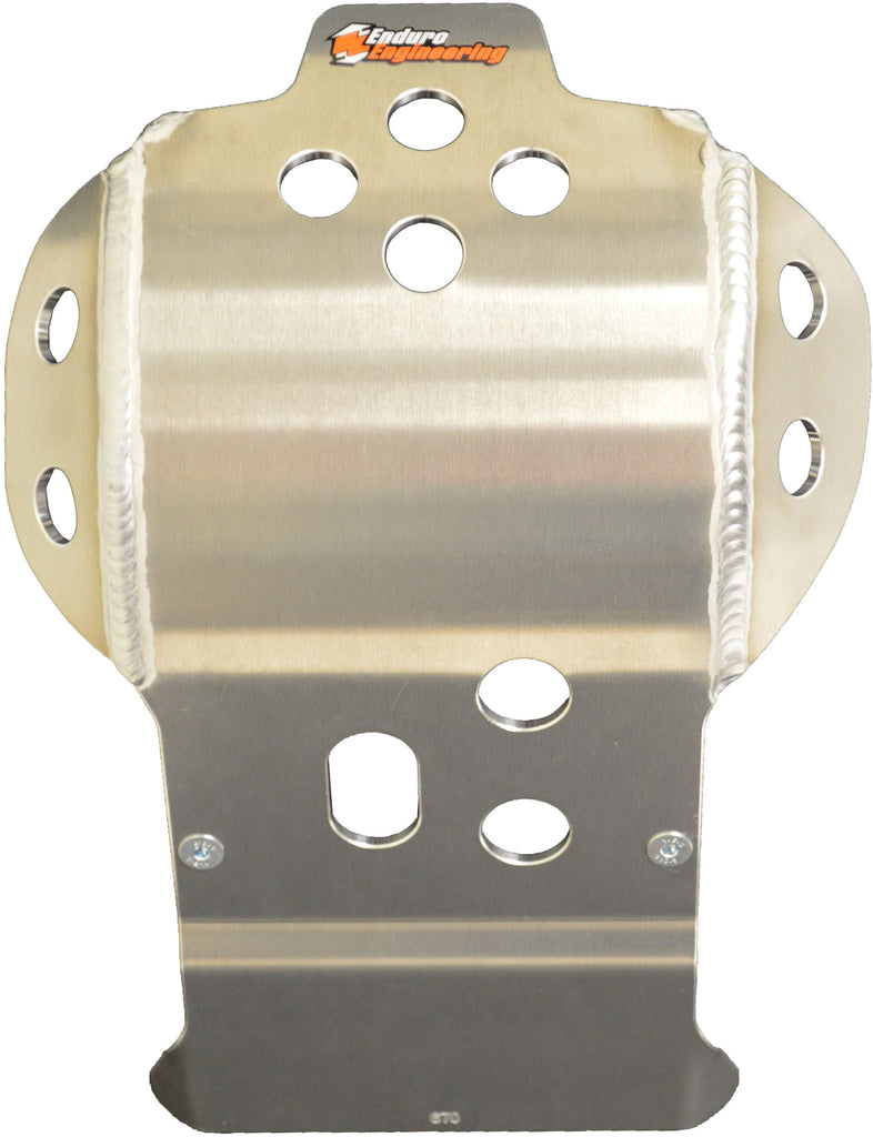 Enduro Engineering skidplate guard for off-road motorcycle, shown mounted on bike frame with protective design.