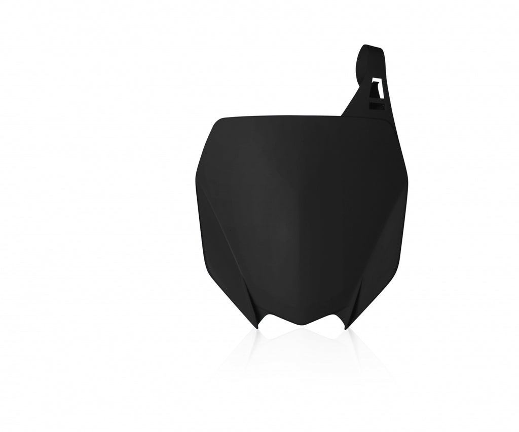 Black Acerbis front number plate for motorcycles with mounting holes, made of durable plastic, designed for off-road and motocross use.