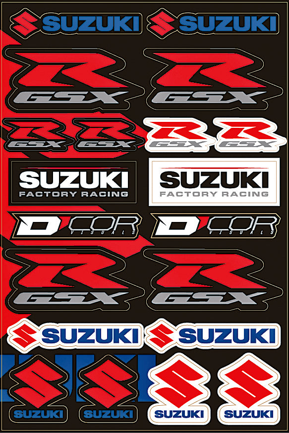Set of DCOR Suzuki street decal sheet featuring various graphics and stickers for motorcycle customization.