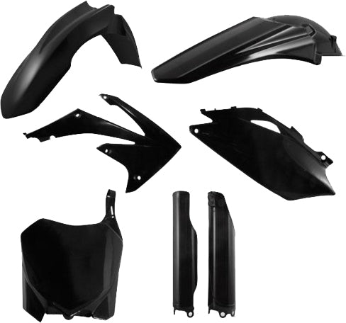 Acerbis black plastic kit with various automotive panels and parts laid out on a surface.