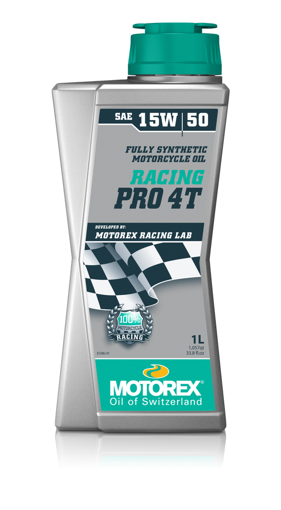 Motorex Racing Pro Oil 15w50 4T 1L bottle, automotive engine oil, with black label and motor oil branding.